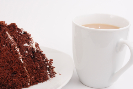 chocolate cake with a hot beverage