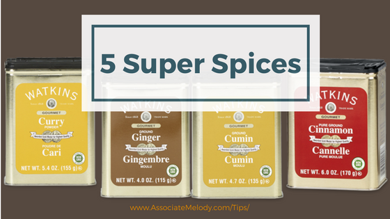 five super spices: turmeric, coriander, cumin, cinnamon, and ginger 